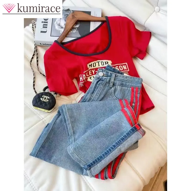 Spring and Summer Fashion Slim Fit Letter Printed T-shirt High Waist Thin Denim Wide Leg Pants Two-piece Set for Women