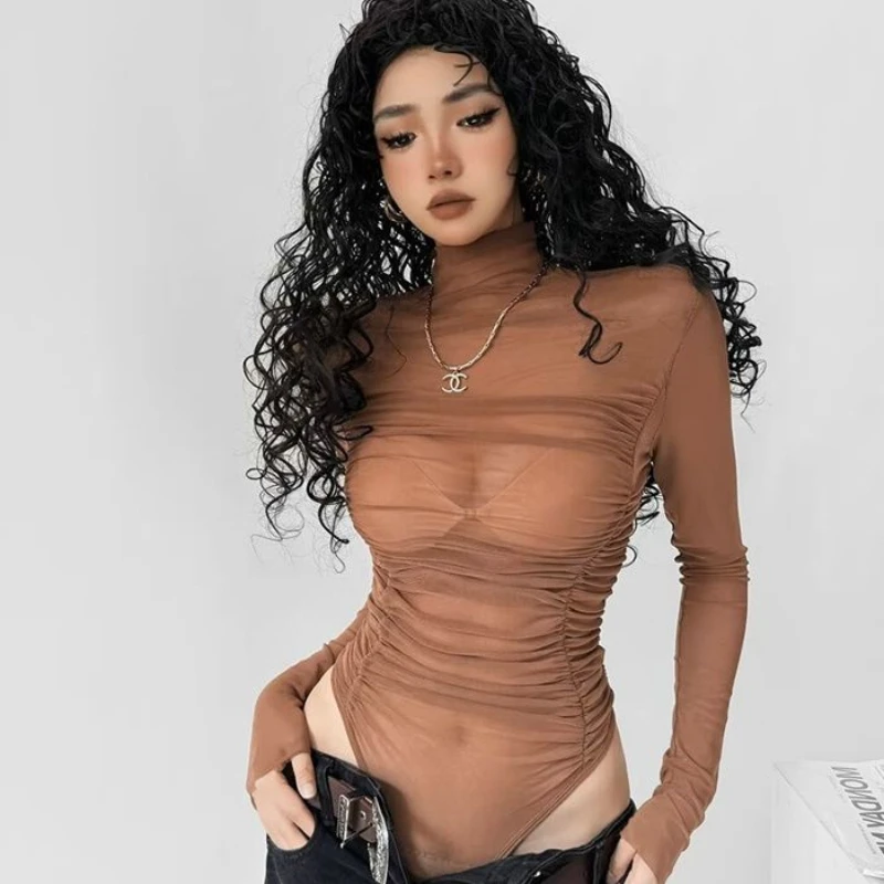 Women American Vintage Long Sleeve Bodysuit-Sheer Mesh Ruched Slim Fit High-Waisted T-Shirt Y2K Hot Girl Chic Top Spring Summer