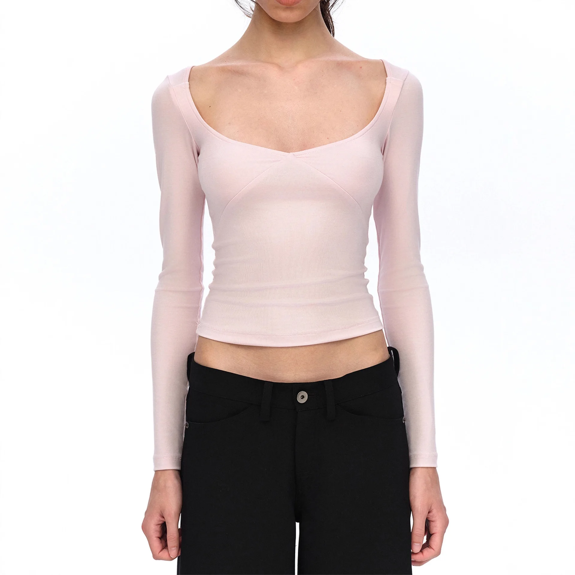 2025 New Chic Layering Top Pink Slim Fit Big V Neck Regular Shoulder Lightweight Versatile Long Sleeve Tee