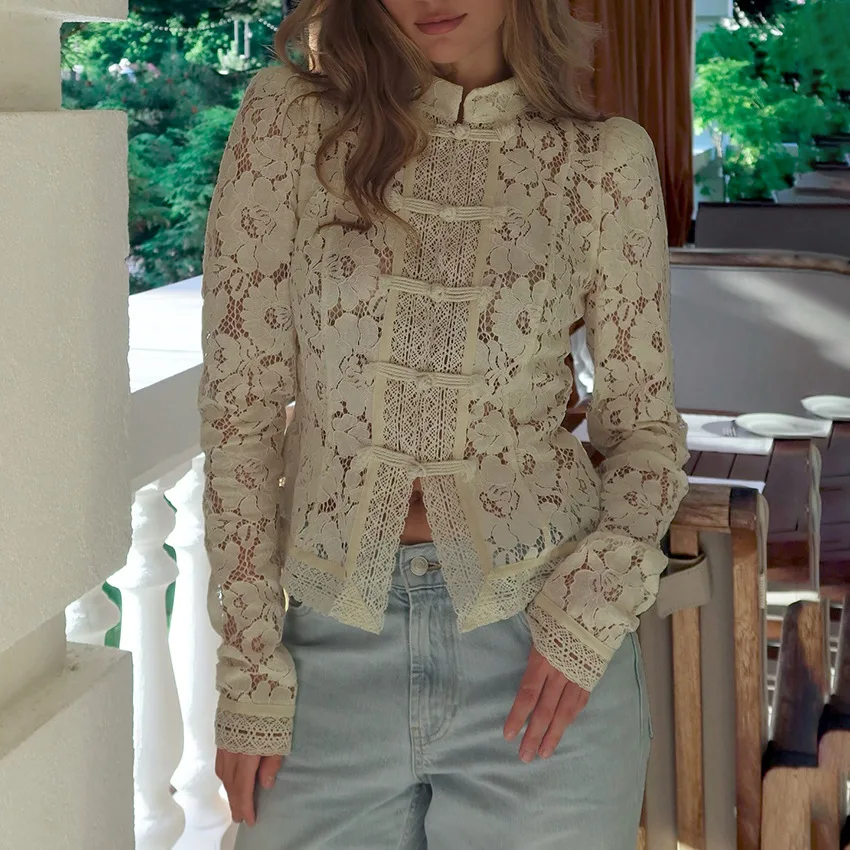 Retro Hollow Lace Shirt Women Chic Blouse Autumn O Neck Long Sleeve Slim Knit Top Female Fashion Elegant Floral Blouses And Tops