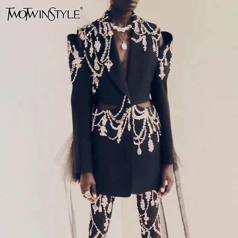 TWOTWINSTYLE Solid Spliced Diamonds Blazers For Women Notched Collar Long Sleeve Hollow Out Patchwork Button Chic Coat Female