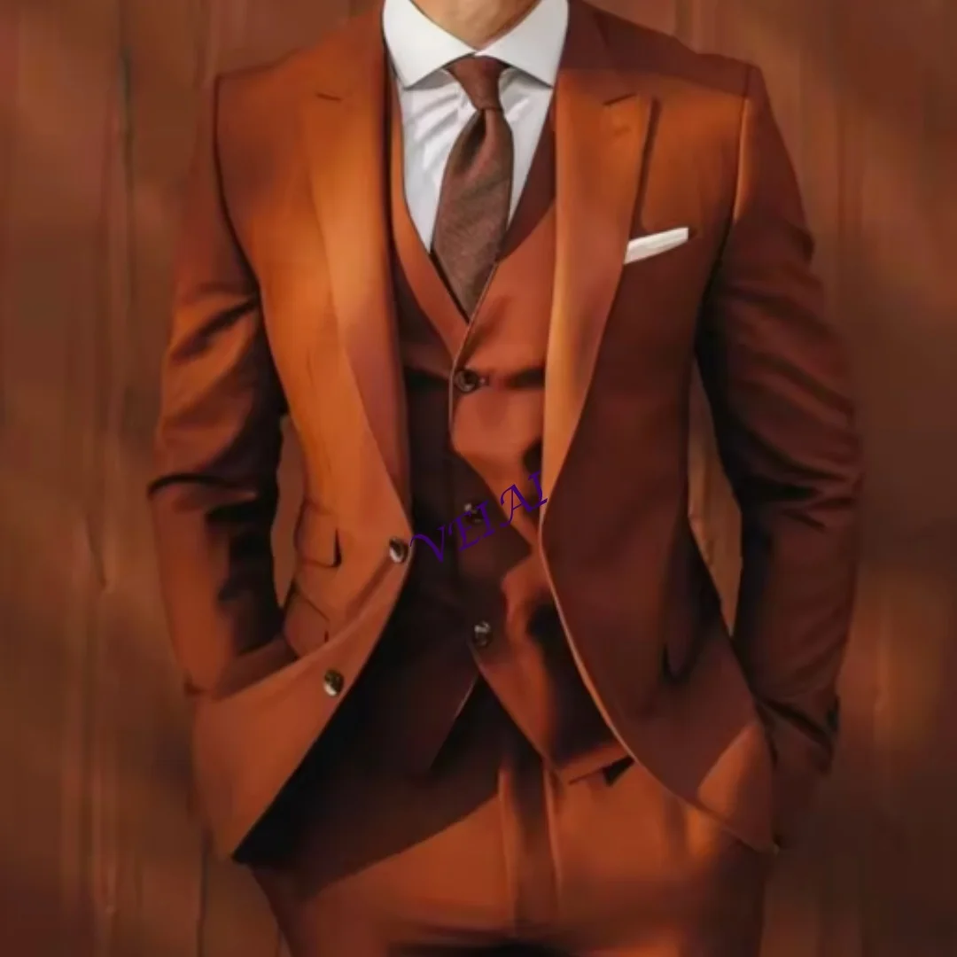 Customized Elegant 3 Piece Men's Tuxedo Suit Single Breasted Peak Lapel Slim Fit Chic Casual Groom Wedding Party Wear