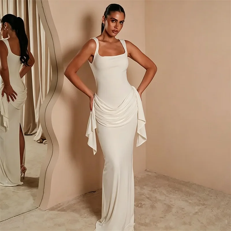 Square Neck Two‑Piece Prom Dress Detachable Cape Sleeveless Draped Slim‑Fit Slit Maxi Party Gown Solid Elegant Chic Evening Robe