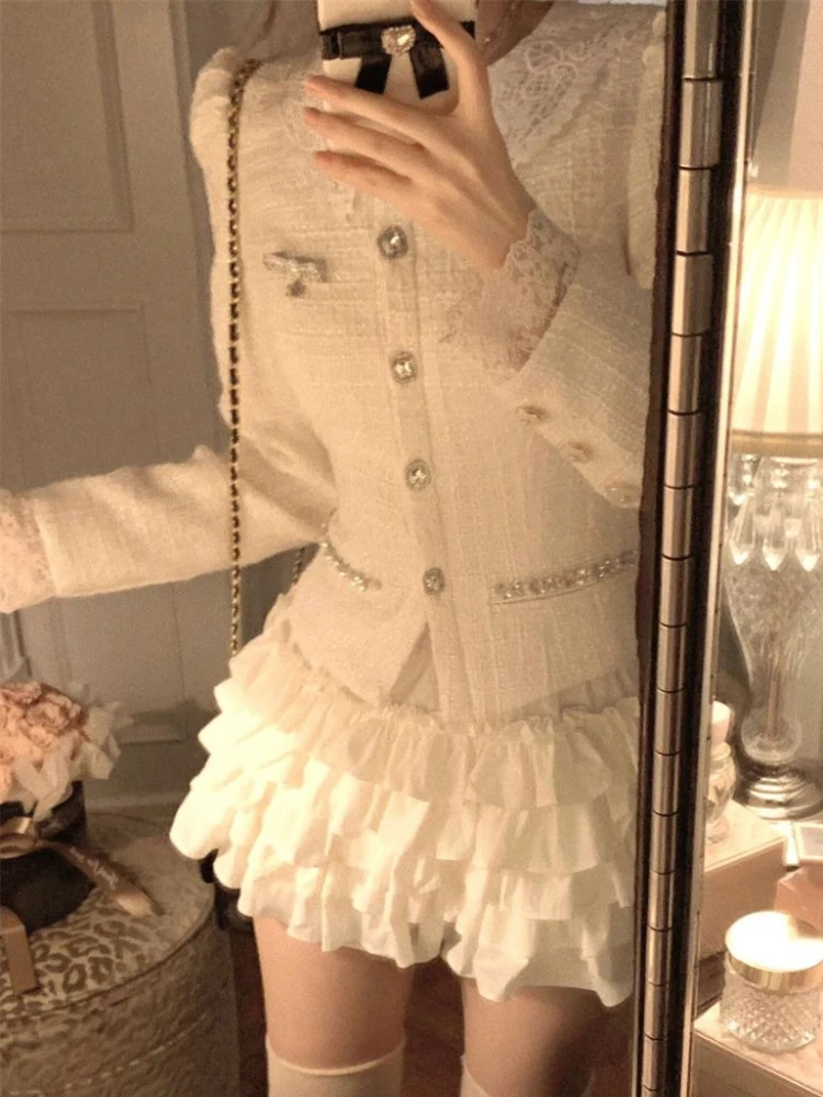 New Autumn French Elegant Fashion 2 Piece Set Women Fit Chic Coat + Mini Cake Skirt Vintage Y2k Aesthetic Princess Retro Outfits