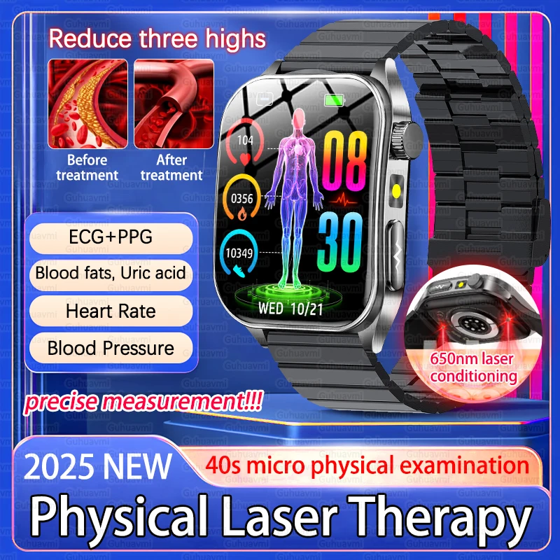 2025 New Health Tracker Blood Lipids Uric Acid Smart Watch Physical Laser Therapy Watches Bluetooth Call ECG+PPG Smart Watch Man