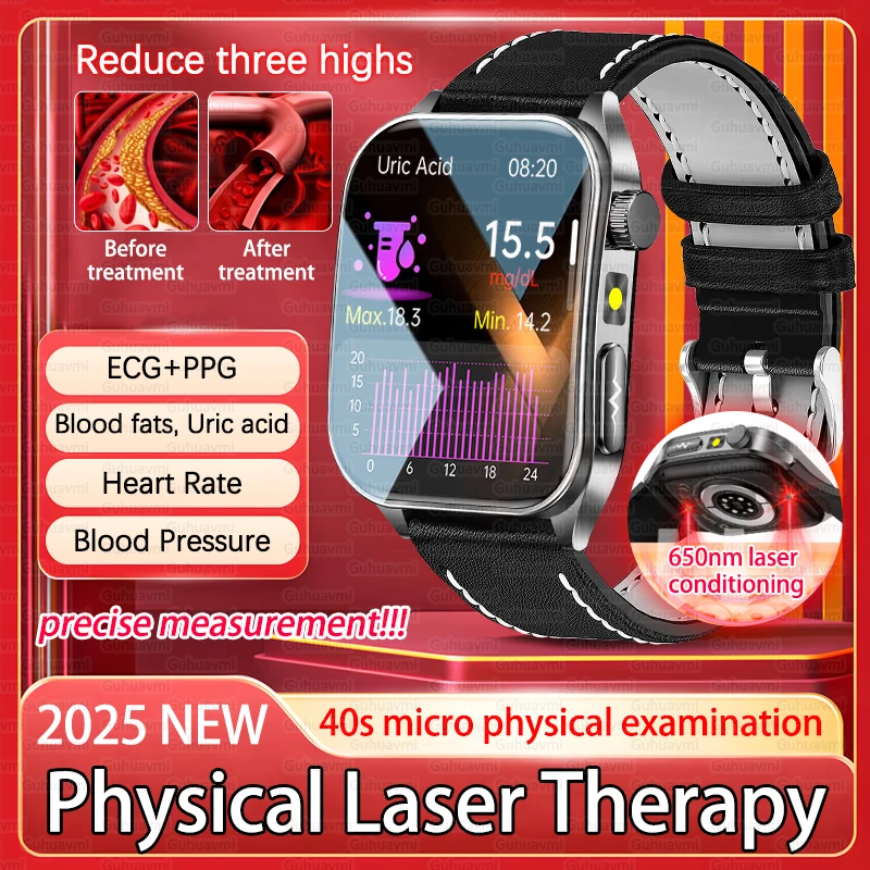 2025 New Laser Therapy Health Smartwatches For Men Precise Blood Lipids Uric Acid Heart Rate ECG+PPG Bluetooth Call Smart Watch