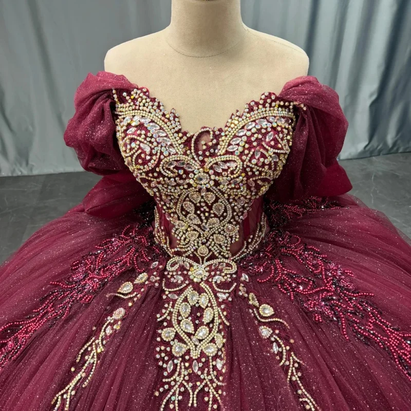Shiny burgundy Quinceanera Dress golden Sequin flower Decal Long tail Big Bow Vestidos De 15 Quinceanera ﻿Customize