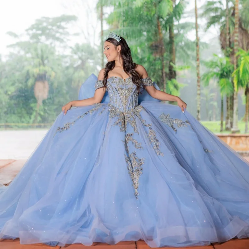 Blue Quinceanera Dress off-shoulder Golden Glitter  Beading Decal Lace Long tail Big Bow vestidos de 15 Quinceanera ﻿Customize