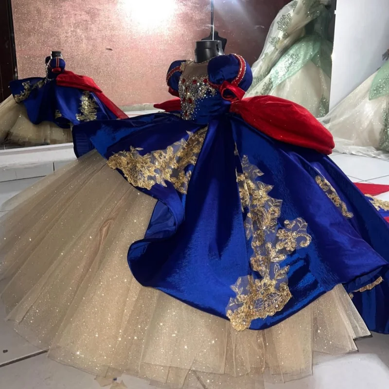 Blue Quinceanera Dress off-shoulder Golden Glitter Crystal Decal Long tail Big Bow vestidos de 15 Quinceanera ﻿Customize