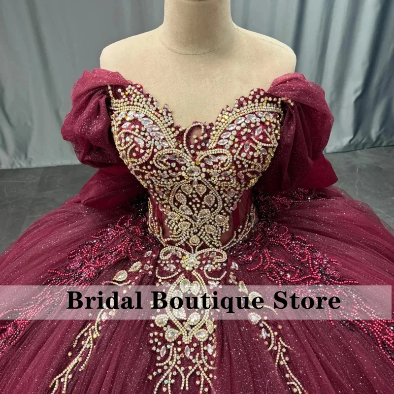 Shiny burgundy Quinceanera Dress golden Sequin flower Decal Long tail Big Bow Vestidos De 15 Quinceanera ﻿Customize