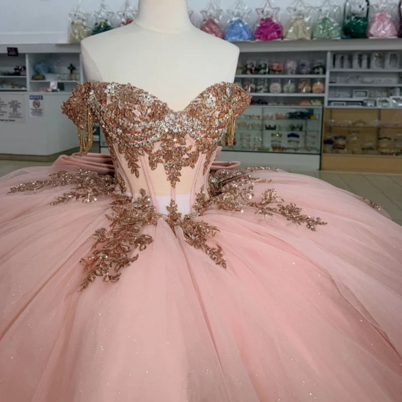 Pink Quinceanera Dress off-shoulder Golden Glitter Crystal Decal Long tail Big Bow vestidos de 15 Quinceanera ﻿Customized