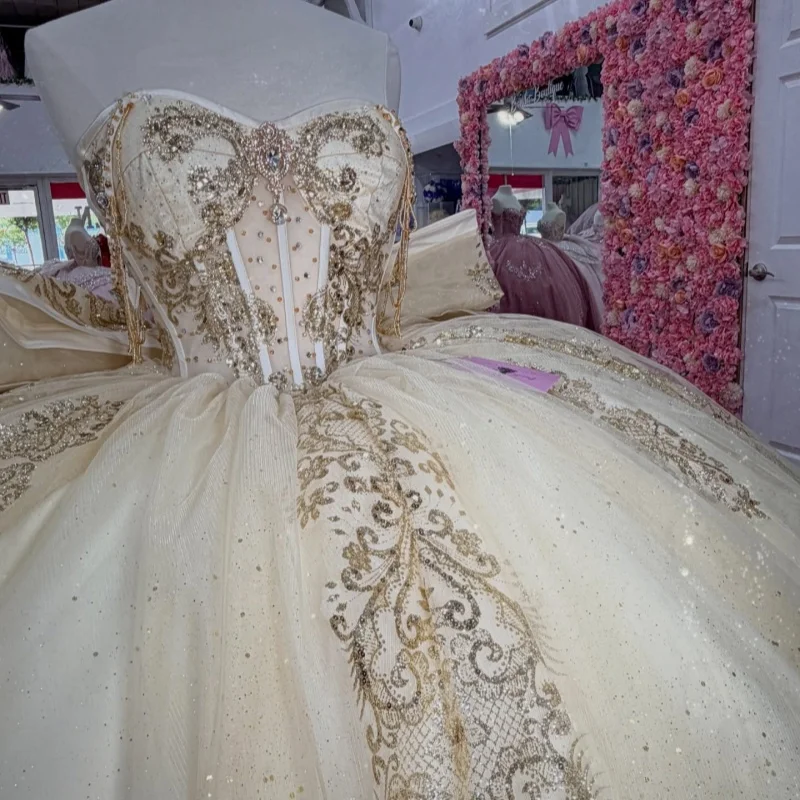 Light Champagne Quinceanera Dress off-shoulder Golden Glitter Decal Long tail Big Bow vestidos de 15 Quinceanera ﻿Customize