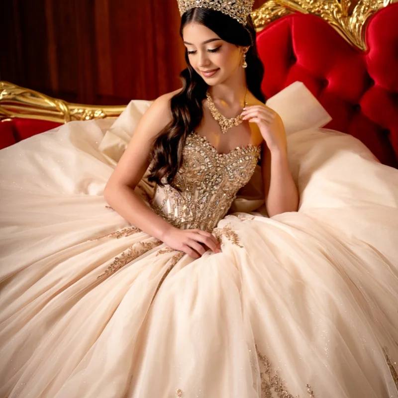 Champagne Quinceanera Dress off-shoulder Golden Glitter Crystal Decal Long tail Big Bow vestidos de 15 Quinceanera ﻿Customize