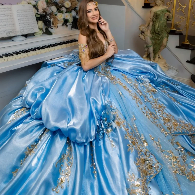 Blue Quinceanera Dress Golden Glitter Crystal Decal Layering Long tail off-shoulder Big Bow Vestidos De 15 Quinceanera ﻿Customiz
