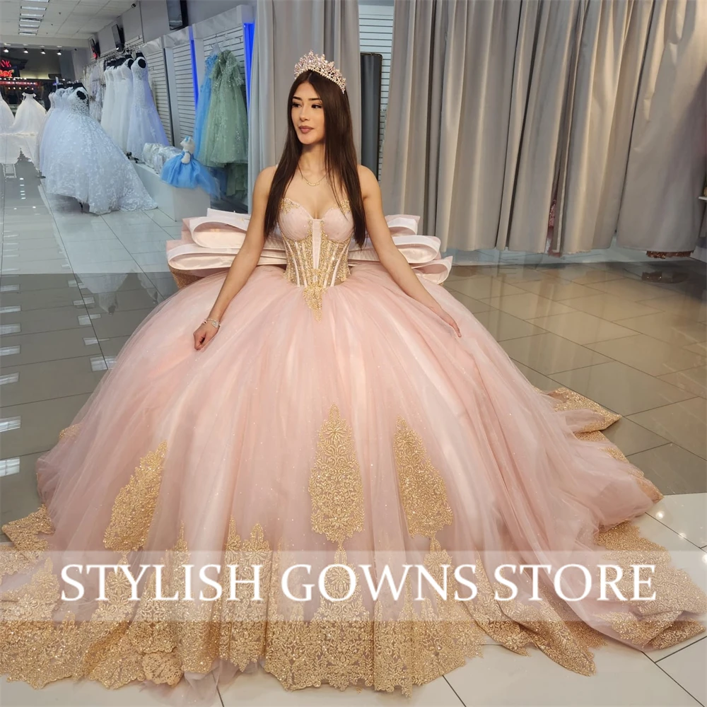 Shiny light pink Quinceanera Dress Crystal Golden Glitter flower Decal Long tail Big Bow Vestidos De 15 Quinceanera ﻿Customize