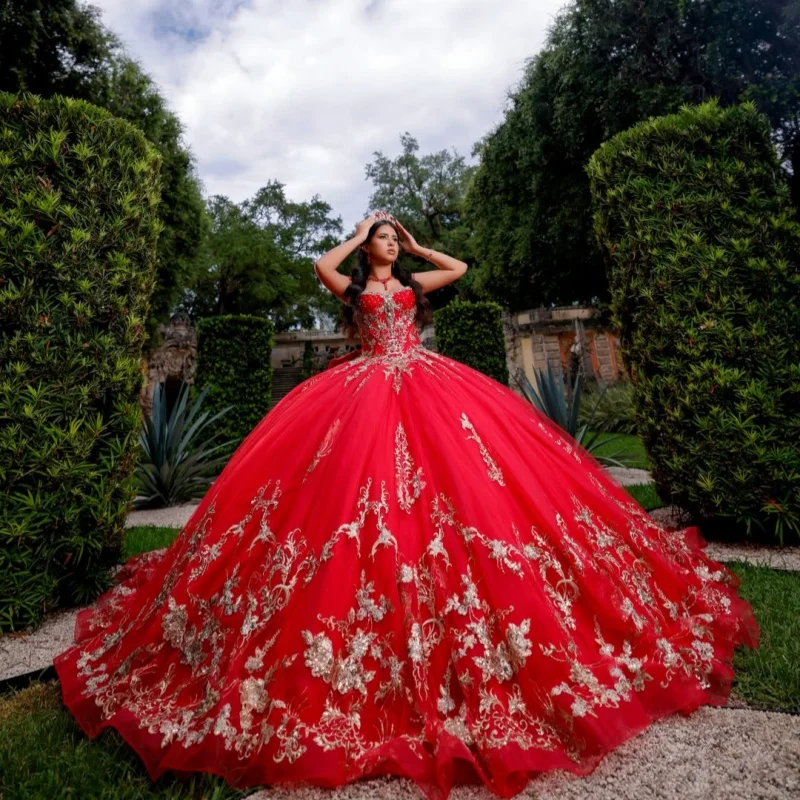 Red Quinceanera Dress Golden Glitter Crystal Beadwork Decal Long tail off-shoulder Big Bow Vestidos De 15 Quinceanera ﻿Customize