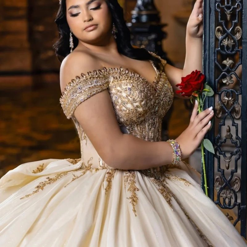 Champagne Quinceanera Dress Golden Glitter Crystal Decal Long tail off-shoulder Big Bow Vestidos De 15 Quinceanera ﻿Customize