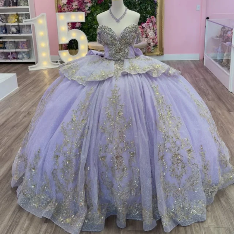 Lavender  Quinceanera Dress off-shoulder Golden Sequins Crystal Decal Big Bow vestidos de 15 Quinceanera ﻿Customized