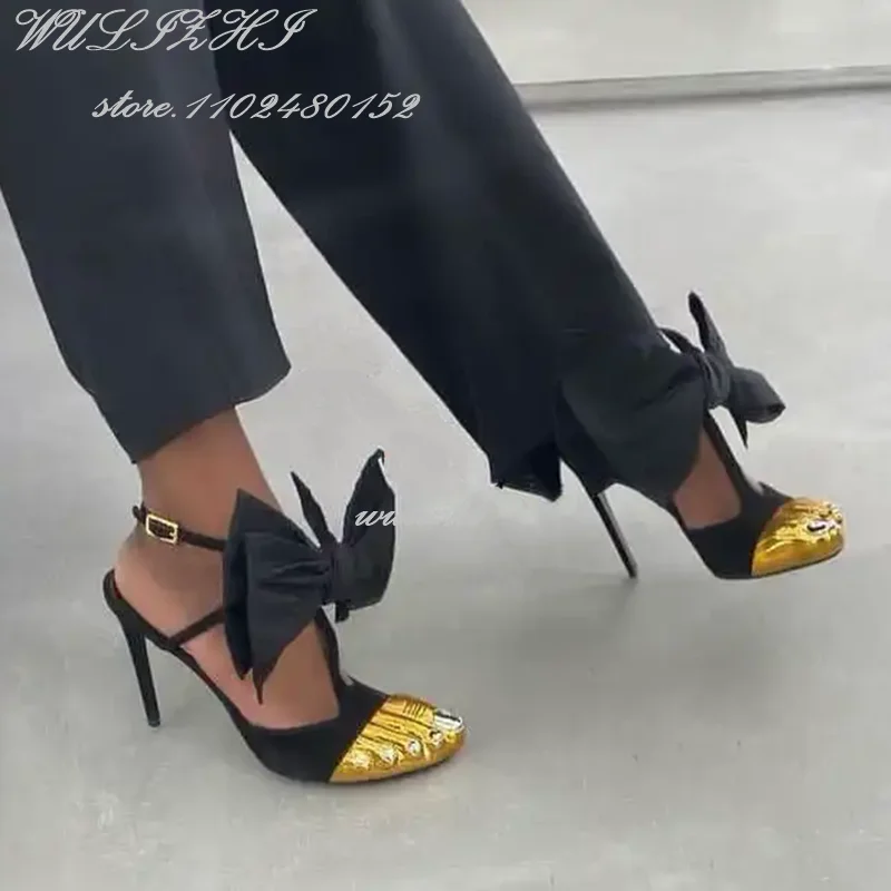 Big Bow Golden Toes Five Split Toes Sexy Sandals Stiletto Heels Women Hollow Metallic Luster Shiny Dress Heels Ankle Straps Shoe
