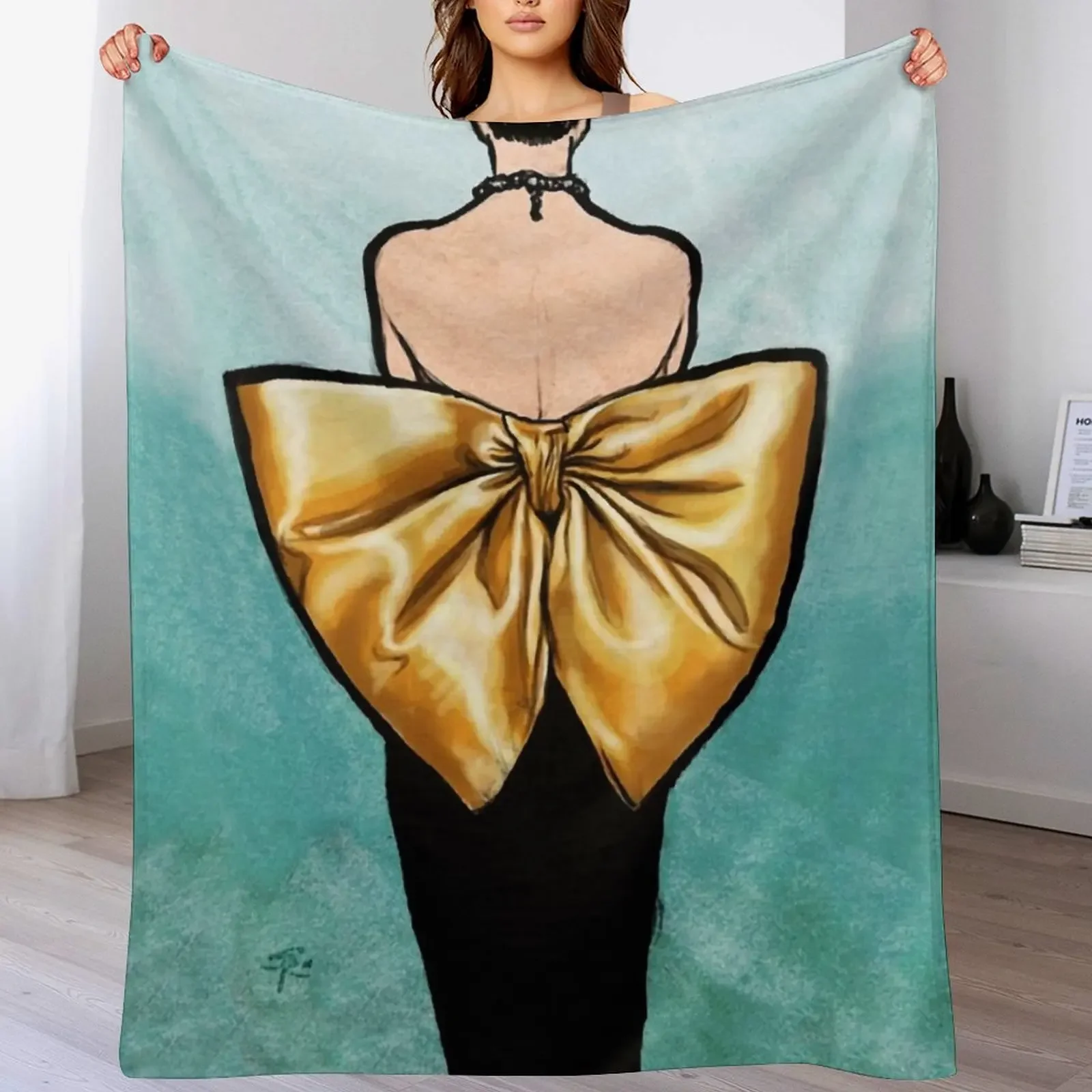 Little Black Dress with a Big Golden Bow Vintage fashion art Throw Blanket Flannel Fleece Soft Warm Throw Blanket