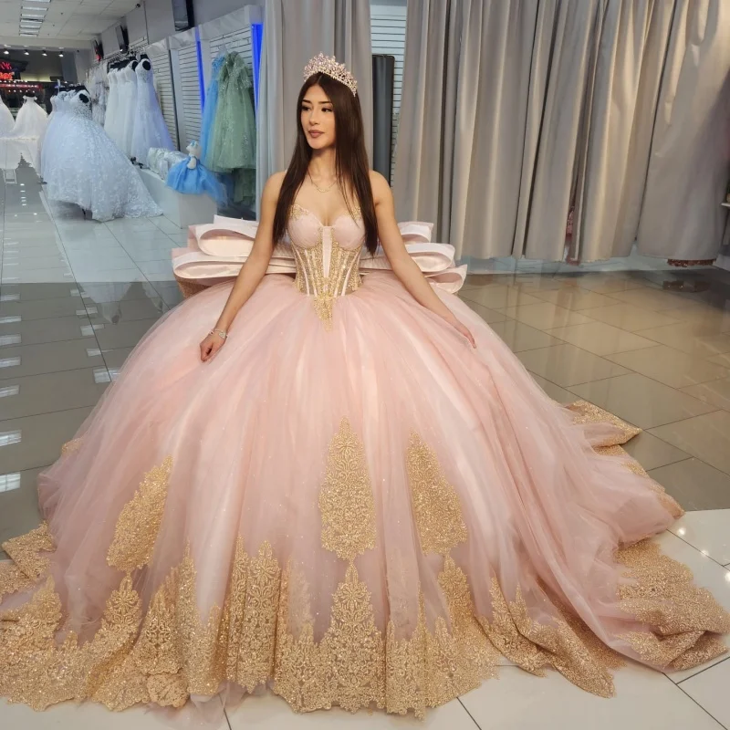 Shiny light pink Quinceanera Dress Crystal Golden Glitter flower Decal  Long tail Big Bow Vestidos De 15 Quinceanera ﻿Customize