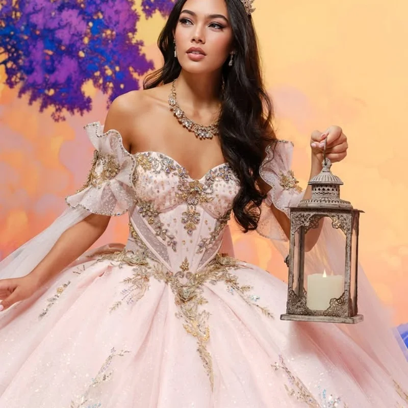 Shiny light pink Quinceanera Dress off-shoulde Lace  crystal golden glitter decal Long tail Big bow vestidos de 15 Quinceanera