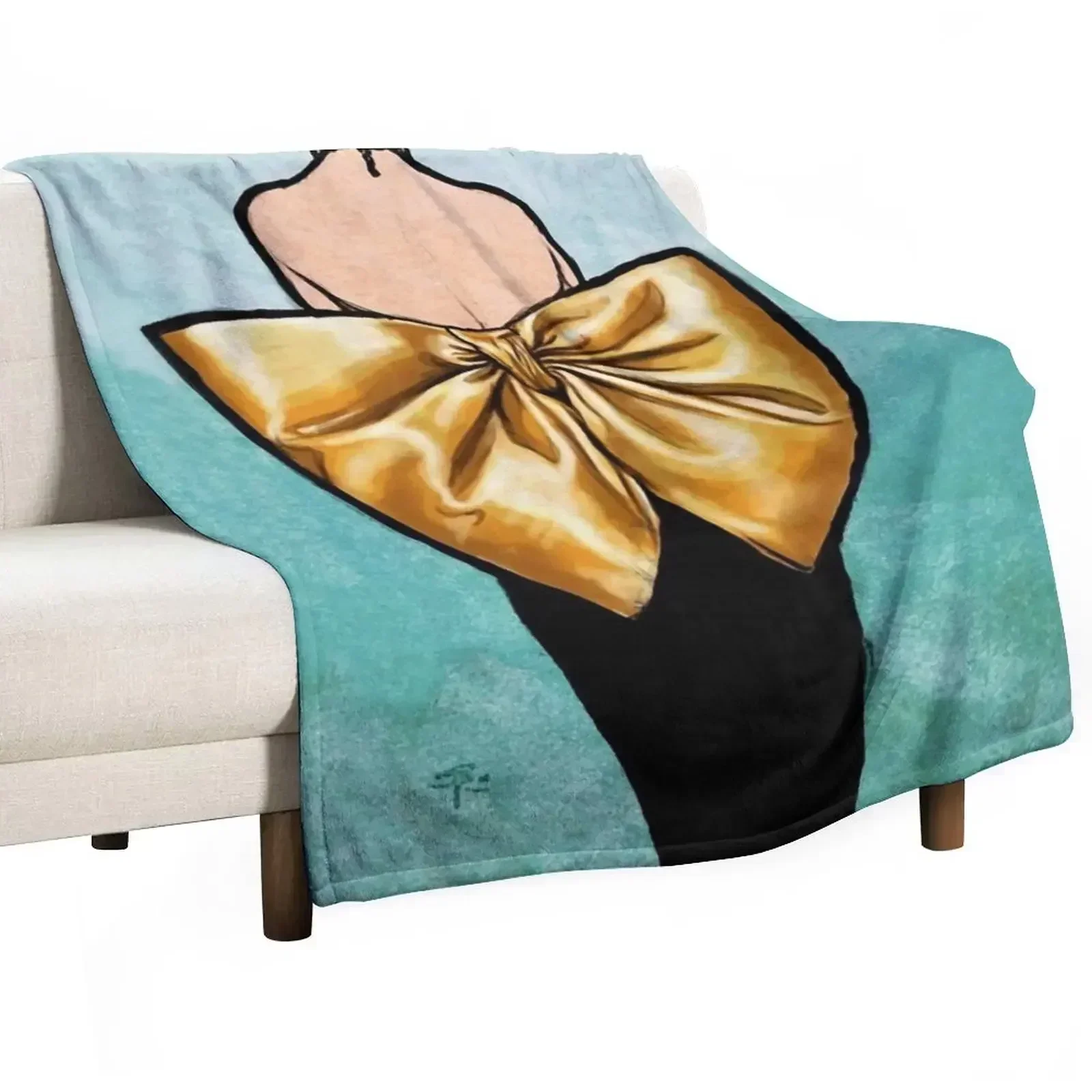 Little Black Dress with a Big Golden Bow Vintage fashion art Throw Blanket Beautifuls Luxury Brand Luxury Blankets