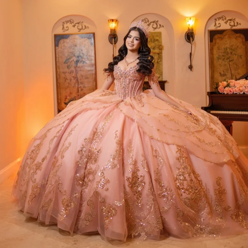 Pink Quinceanera Dress off-shoulder Golden Glitter Crystal Decal Layering Long tail Big Bow vestidos de 15 Quinceanera ﻿Customiz