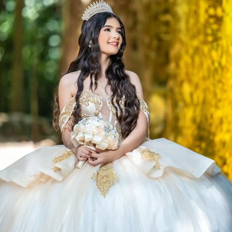 golden Quinceanera Dress off-shoulder Lace layering 3D flower glitter decal Big Bow vestidos de 15 Quinceanera ﻿Customized