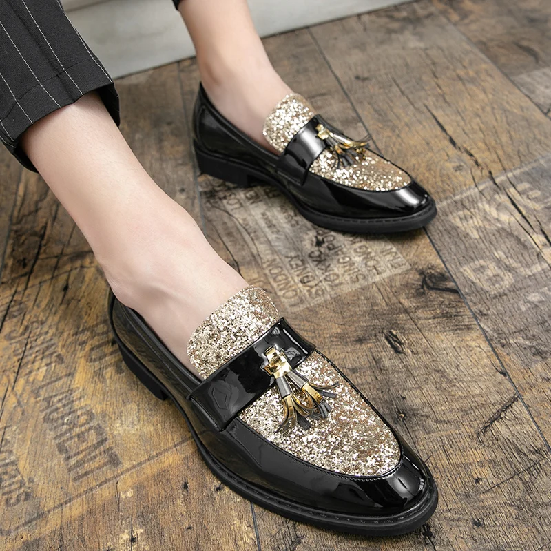 Golden Sequined Leather Shoes Men British Style Luxury Men's Formal Shoes Big Size 47 Designer Tassel Dress Shoes Man Oxford