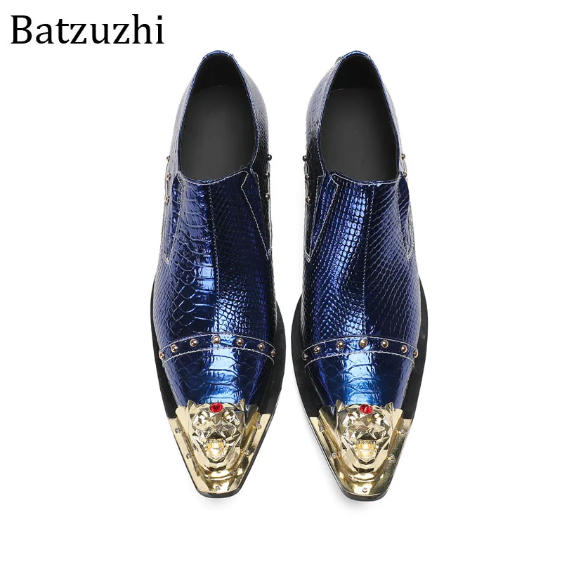 Batzuzhi Blue Leather Dress Shoes for Men Italian Type Handmade Men's Shoes Golden Iron Tip Business, Party and Wedding!Big Size
