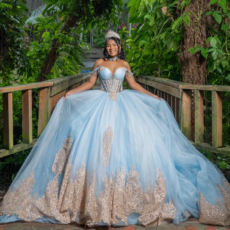 Aqua Blue Quinceanera Dress golden glitter Decal crystal Long tail Lace Big Bow Vestidos De 15 Quinceanera ﻿Customize