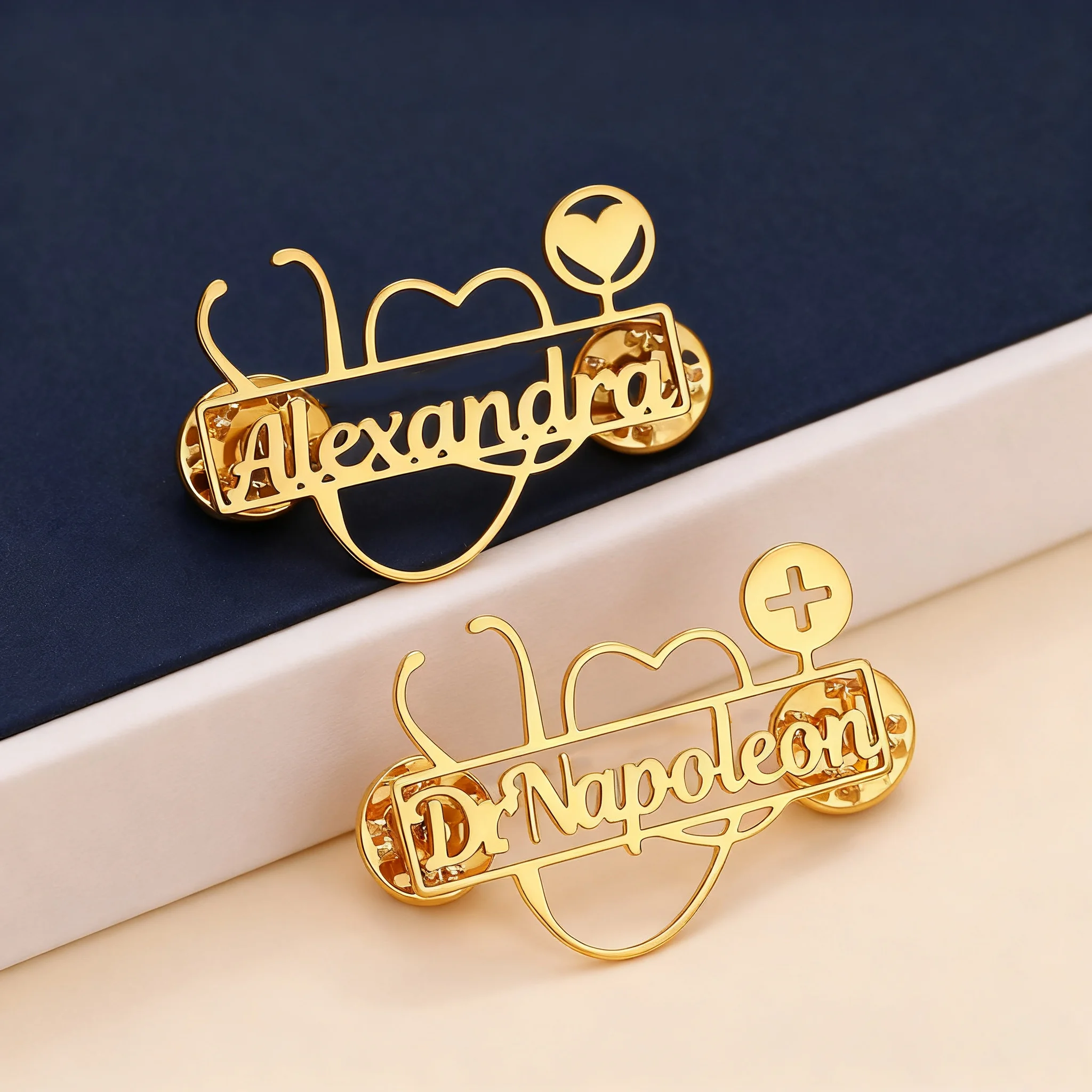 Custom Stethoscope Brooch Personalized Heart Cross Pins Badge Doctor Nurse RN.Dr.Name Jewelry For Birthday Nurses Day Angel Gift