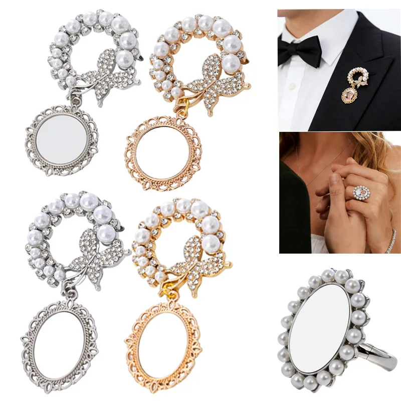 Custom Photo Heat Transfer Pearl & Rhinestone Wreath Brooch Pin Ring DIY Jewelry Wedding Party Suit Accessories