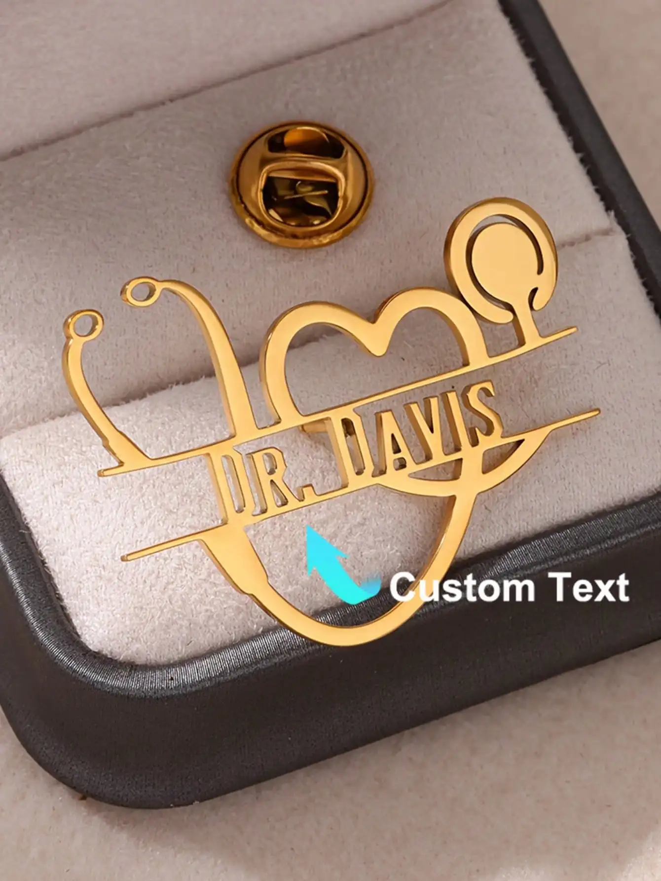 Personalized Vintage Stethoscope Heart Brooch Pin Gold Plated Stainless Steel Custom Doctor Nurse Veterinarian Name Badge Pin