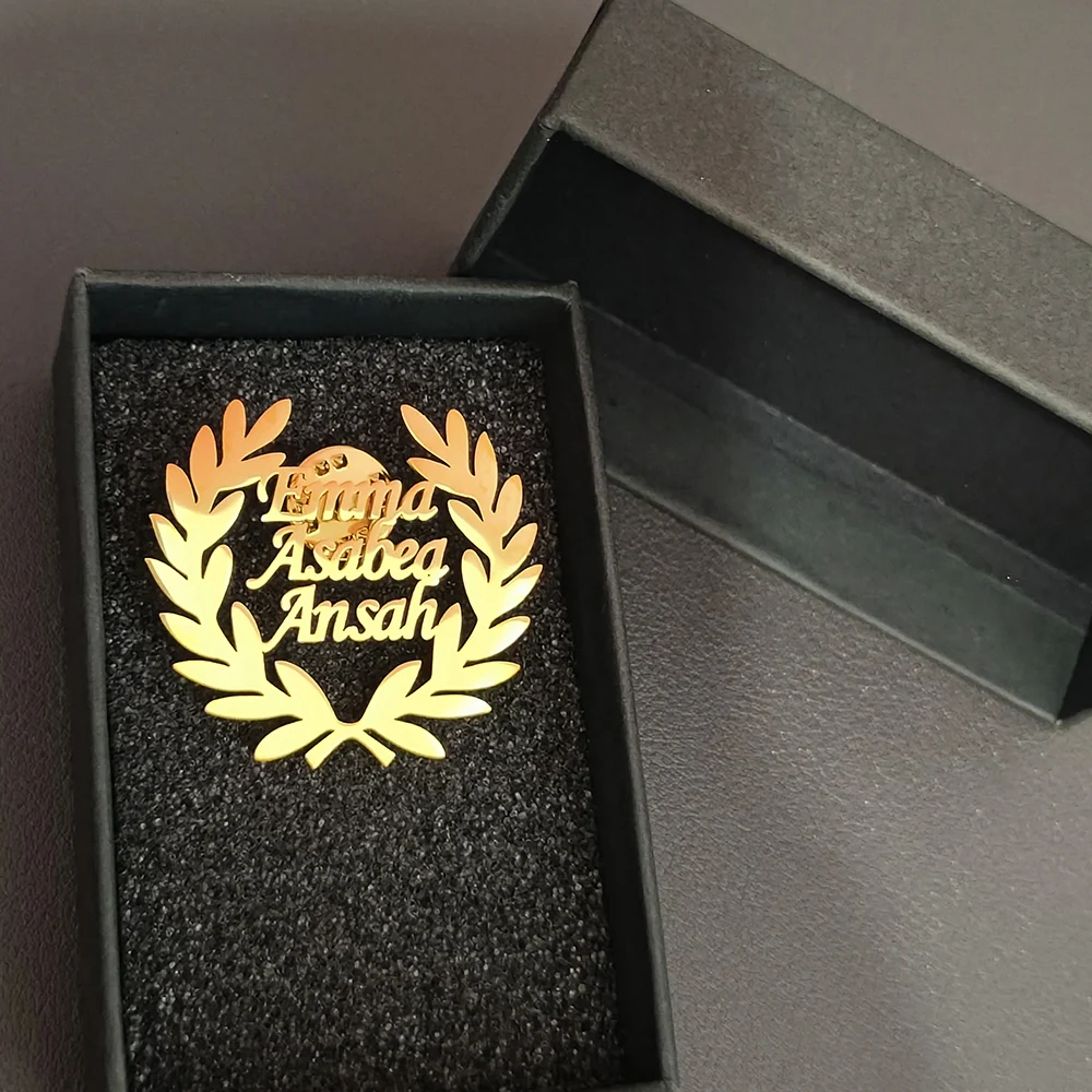 Customized Men Women Name Letter Logo Wheat Leaf Ear Design Brooch Stainless Steel Personalized nameplate Brooch Perfect Gift