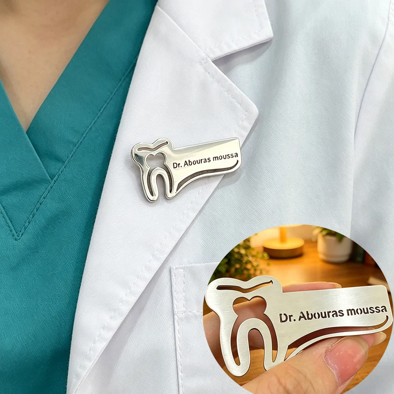 For Doctor Nurse Healthcare Personalized Name Pins Badges Stainless Steel Custom Hollow Cutting Nameplate Brooch Pin Accessory
