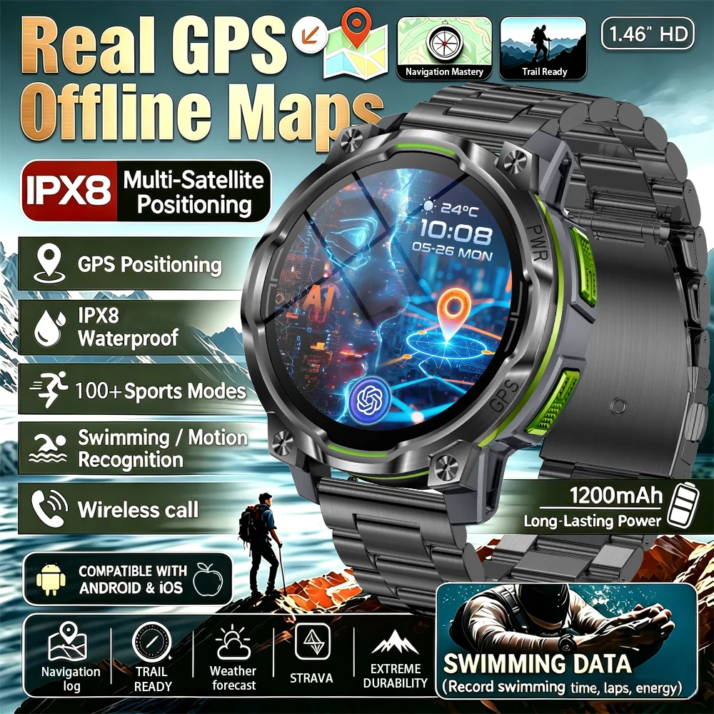 New Outdoor GPS Offline Map Smart Watch Men IPX8 Waterproof 100+ Sports LED Compass Altimeter AMOLED Bluetooth Call Smartwatch