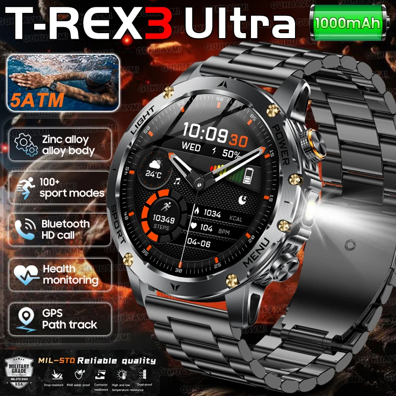 2025 New Military T-Rex 3 Ultra 1000mAh Battery Smart Watch 5ATM Waterproof Flashlight Heart Rate Sports tracker Smartwatch Men