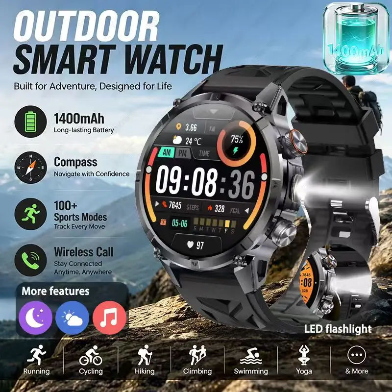 2026 new men's military outdoor smartwatch, wireless calling, compass, voice assistant, heart rate monitoring, best holiday gift