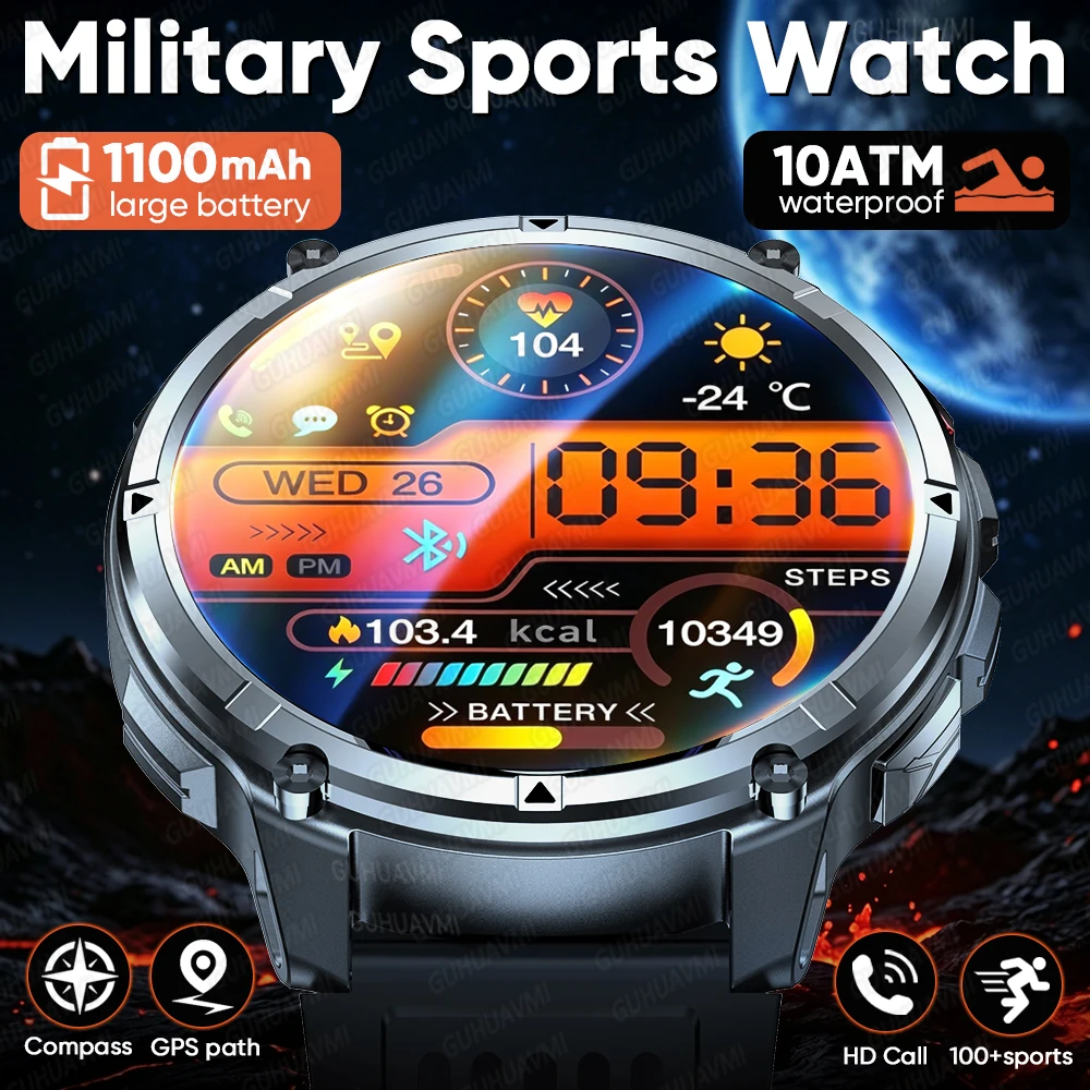 2026 Hot New Durable 1100mAh Big Battery Smart Watch Compass IP69K Waterproof Flashlight HD Call Men Military Sports Smartwatch