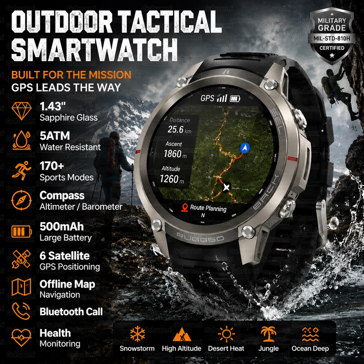 New Rugged Military GPS Smart Watch 1.43''AMOLED Extreme Sports Tracker Compass 5ATM Waterproof Heart Rate Bluetooth Call Watchs