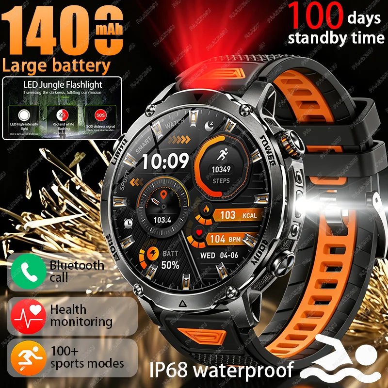 2026 new 1400mAh long endurance battery sports smartwatch dual color LED flashlight Bluetooth call outdoor Men's smart wristband