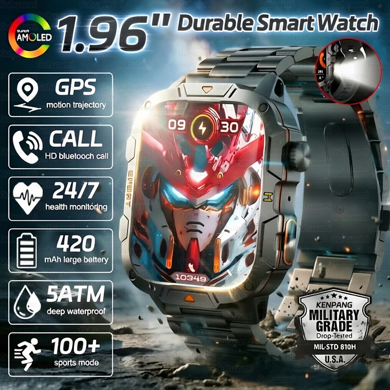 New Military Grade Outdoor Smartwatch Men 5ATM Waterproof Rugged Watch 100+ Sports Modes GPS Tracker LED Torch Fitness Bracelet