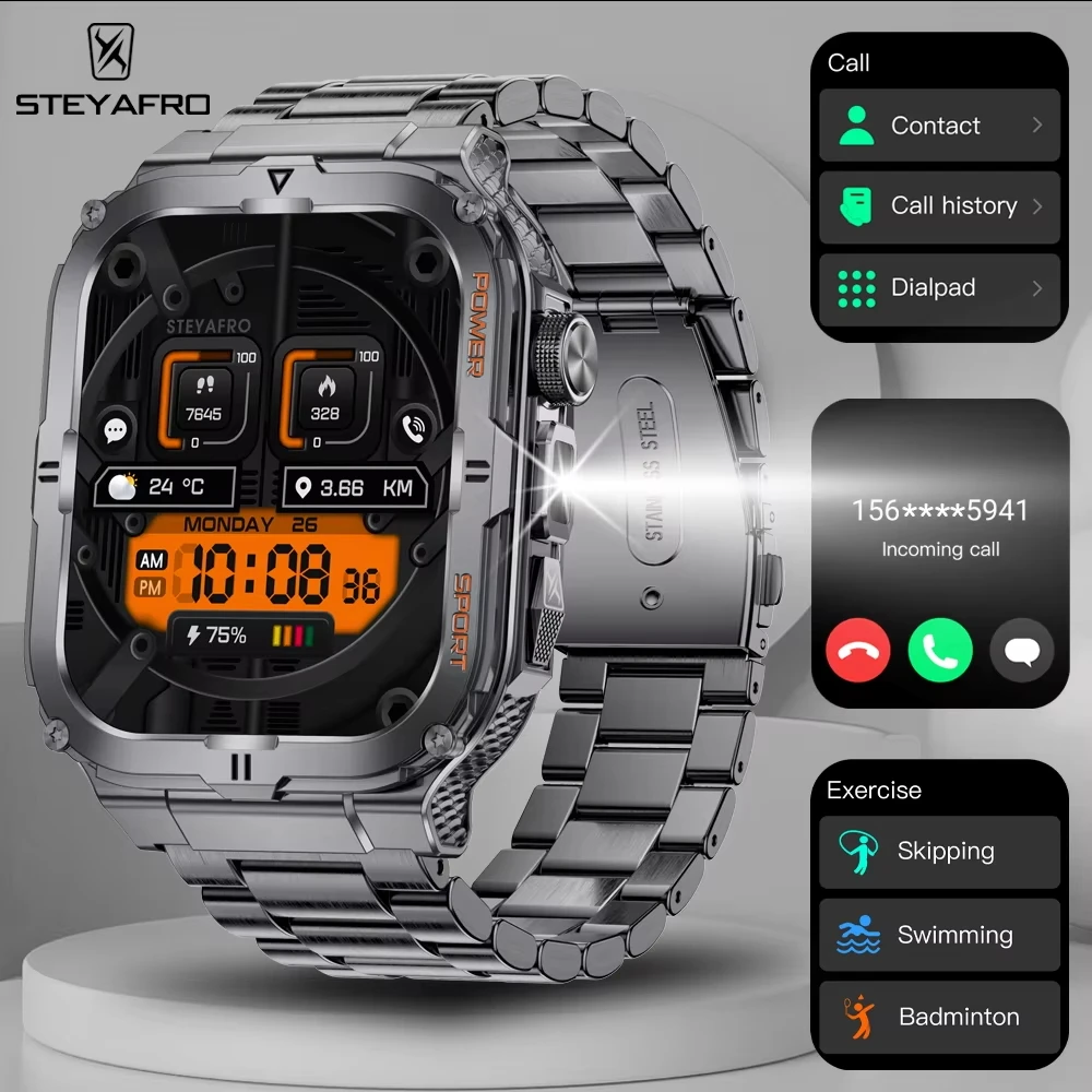 2026 New Men's Military Smartwatch, Flashlight Motion Trajectory Multifunctional Reminder Outdoor Tracking Fitness Smartwatch