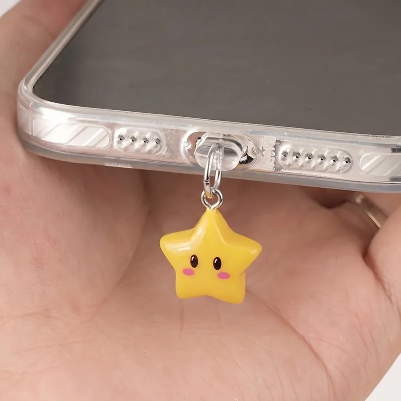 Cute 3D Yellow Star Phone Dust Plug Accessories Decoration Hanging Pendant for iPhone for Samsung Type-C Charging Port