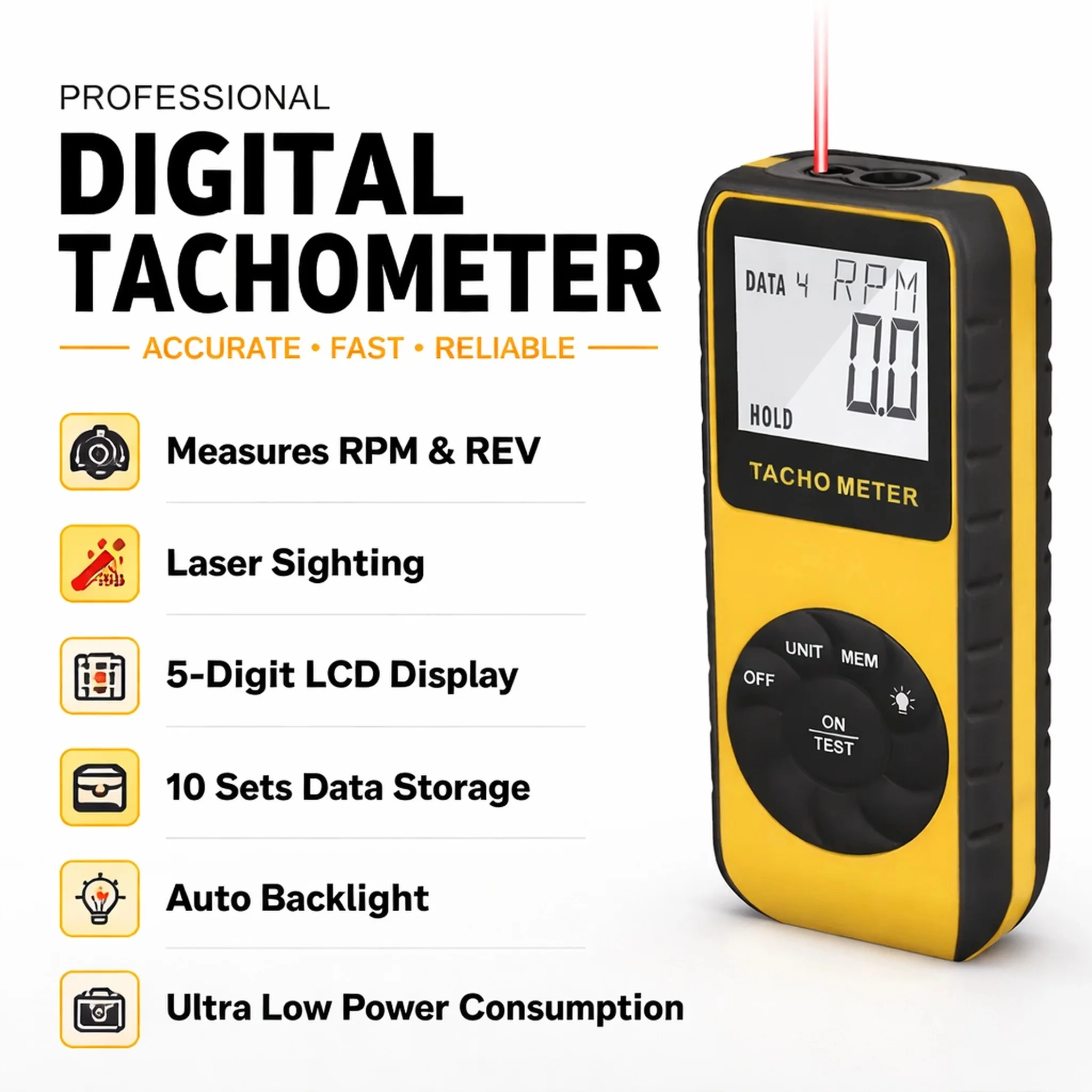 Precision Non-Contact Laser Tachometer 7-99999 RPM ±0.01% Accuracy 5-Digit LCD Memory MAX/MIN/AVG Lock for Motors/Fans CE