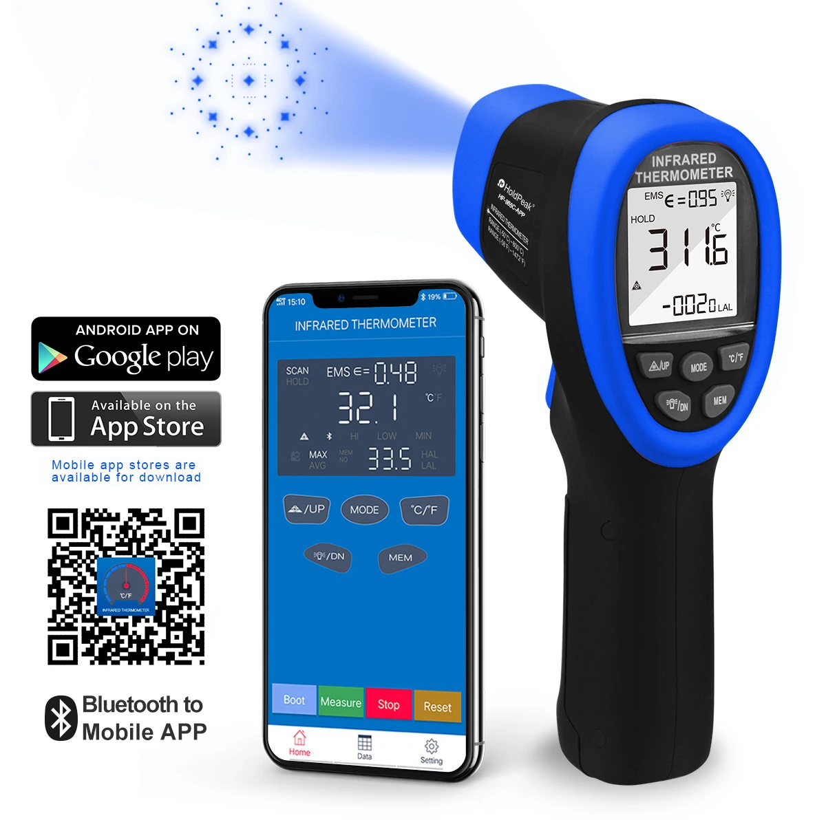 HoldPeak IR Thermometer Gun -50°C~800°C Non-Contact Laser Temp Bluetooth APP 16:1 High Accuracy Adjustable Emissivity HVAC Auto