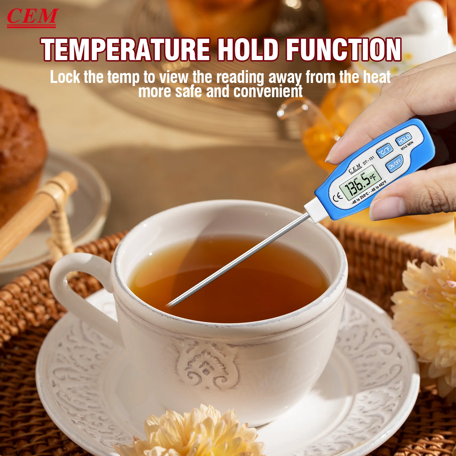 CEM Meat Thermometer Digital, Instant Read With High Accuracy Long Probe & Backlit For Grill, BBQ, Oven, Kitchen