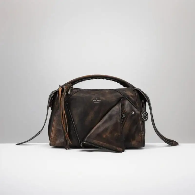 2024 Autumn/winter New Polo Neck Bag Sheepskin Handheld Women's Bag Retro Deconstructed Zipper One Shoulder Crossbody Bag Women